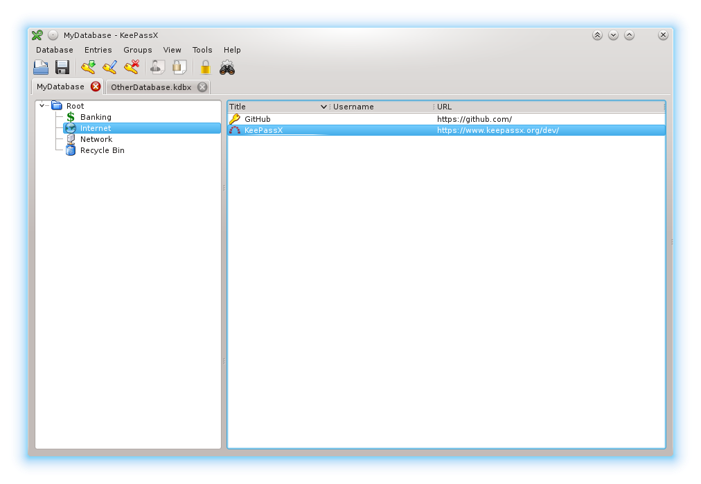 KeepassX: fenêtre principale sous KDE4