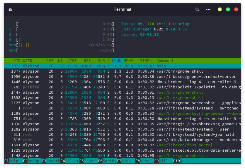 Capture d'écran de Htop au démarrage de Fedora